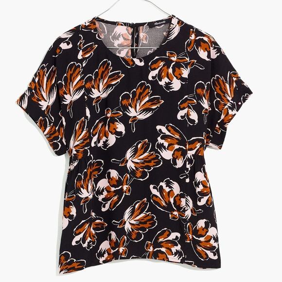 Madewell Relaxed Black Floral Print Cuffed Sleeve Shirred Top in Duskblossom - Picture 1 of 10